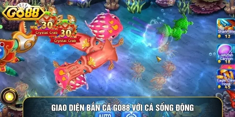 Giao diện Bắn cá Go88 với cá chuyển động sống động và hiệu ứng màu sắc rực rỡ